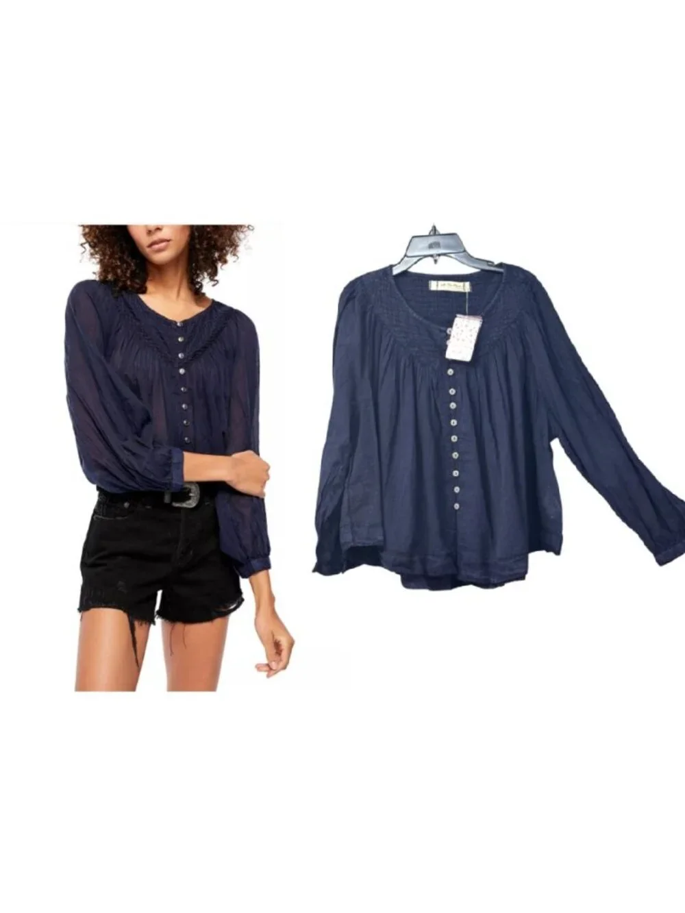 Free People Cool Meadow Woven Cotton Top, Navy, Sz. S